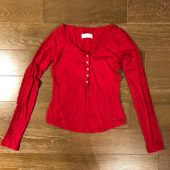 Abercrombie & Fitch Tops - A&F Red Long-Sleeve Henley with Lace Details